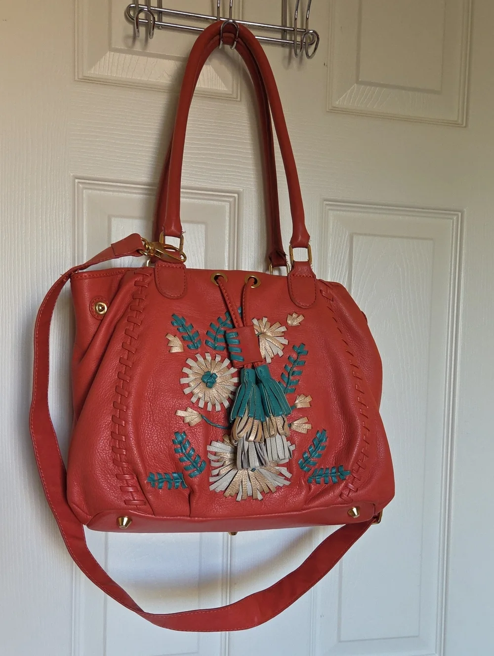 Isabella Fiore Satchel Shoulder Bag with Floral Tassel Applique